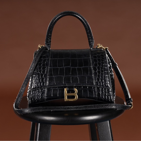 PRE-LOVED* BALENCIAGA HOURGLASS XS CROC EMBOSSED LEATHER TOP HANDLE SATCHEL - Picture 2 of 12